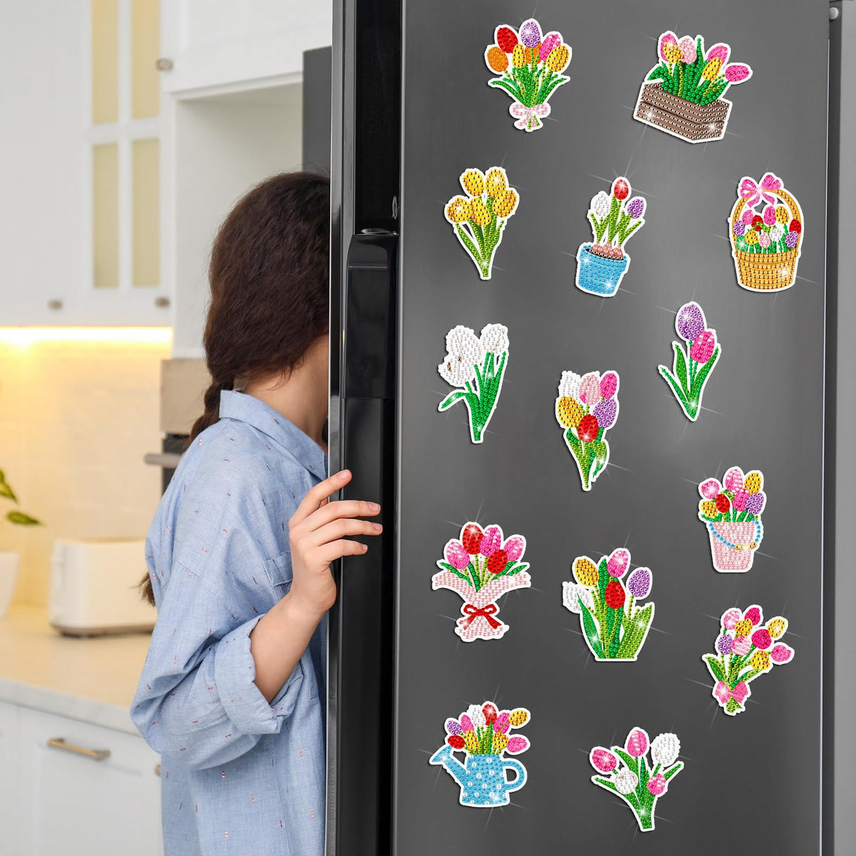 Saillong 20 Pcs Tulip Diamond Painting Magnets Spring Diamond Art Magnets Kits Refrigerator Magnetic Stickers for Fridge Home Adults DIY Crafts Saillong