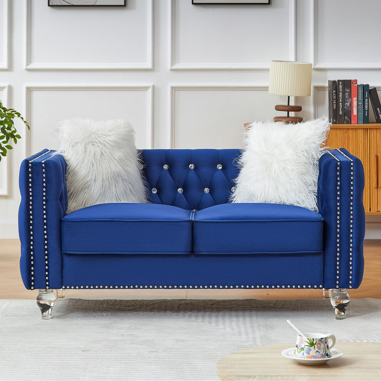 Homies Life 60" Chesterfield Sofa, Velvet Mid-Century Modern Upholstered Loveseat Sofa with 2 Throw Pillows and Acrylic Legs, Nailhead Button Tufted Vintage Couch for Living Room, Apartment, Blue Homies Life