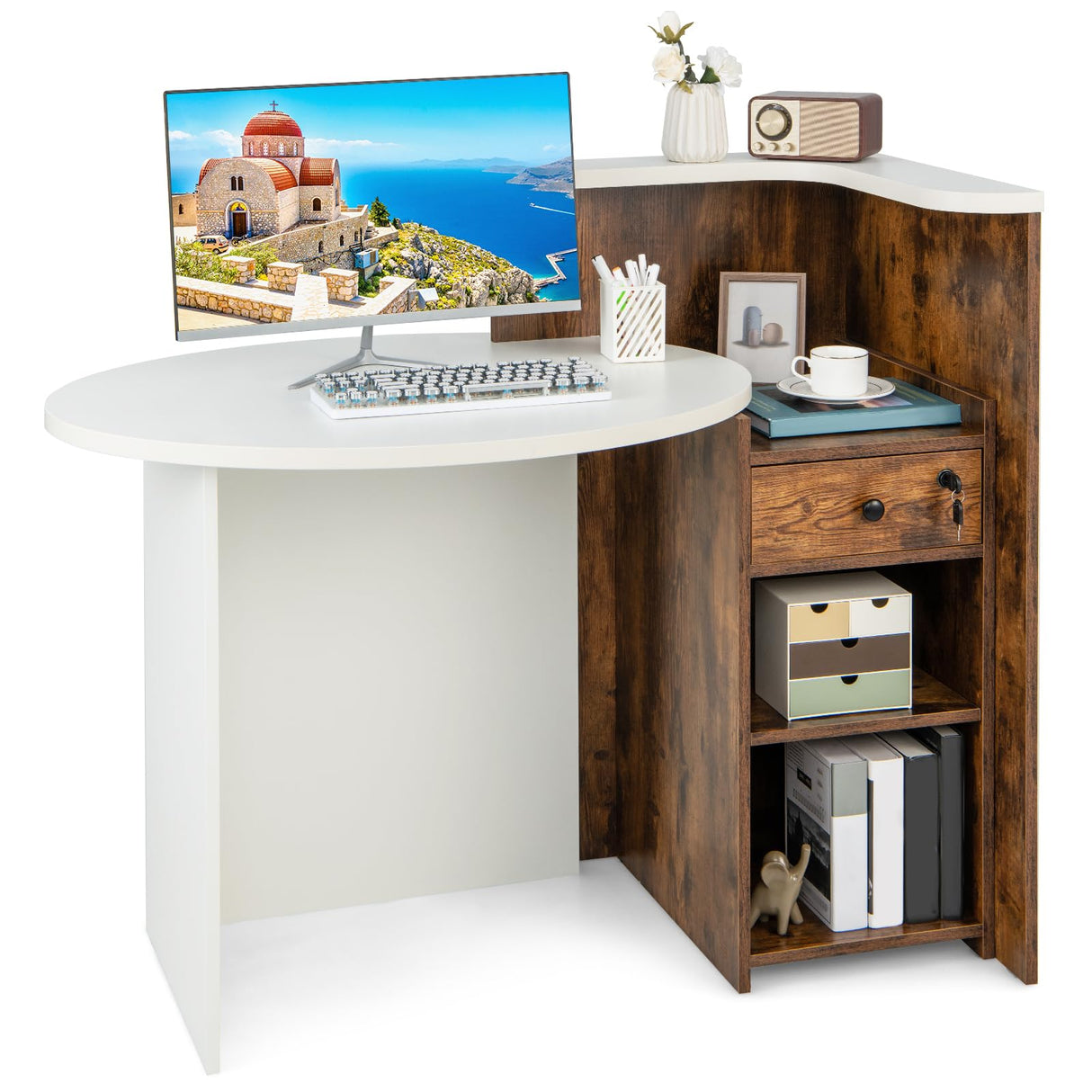 Tangkula Reception Desk, Front Counter Desk with Lockable Drawer & Adjustable Shelf, Oval Desktop, Retail Counter for Checkout, Computer Workstation for Salon Lobby Home Office Tangkula