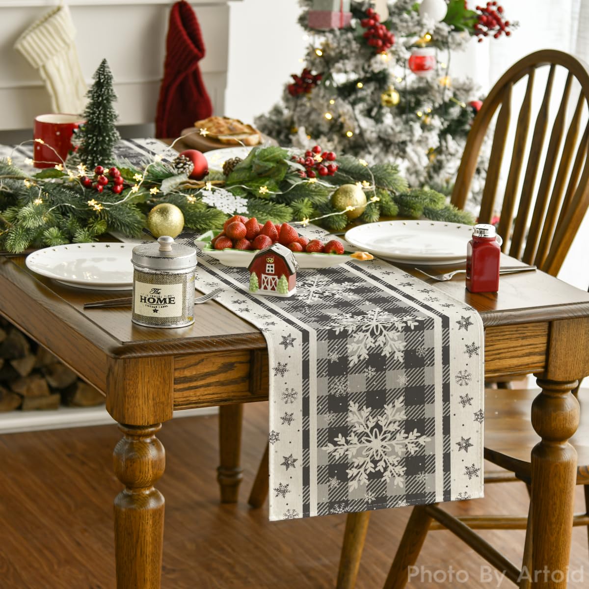 Artoid Mode Grey Buffalo Plaid Snowflakes Christmas Table Runner, Seasonal Winter Kitchen Dining Table Decoration for Home Party Decor 13x72 Inch Artoid Mode