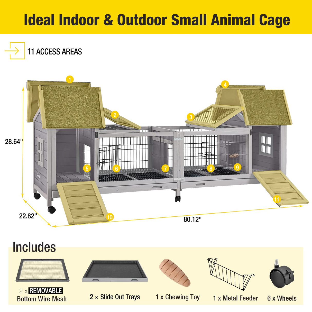 Aivituvin Rabbit Hutch Bunny Cage with Double House and Run Indoor Outdoor Guinea Pig House with Deeper No Leak Trays and Wheels Aivituvin