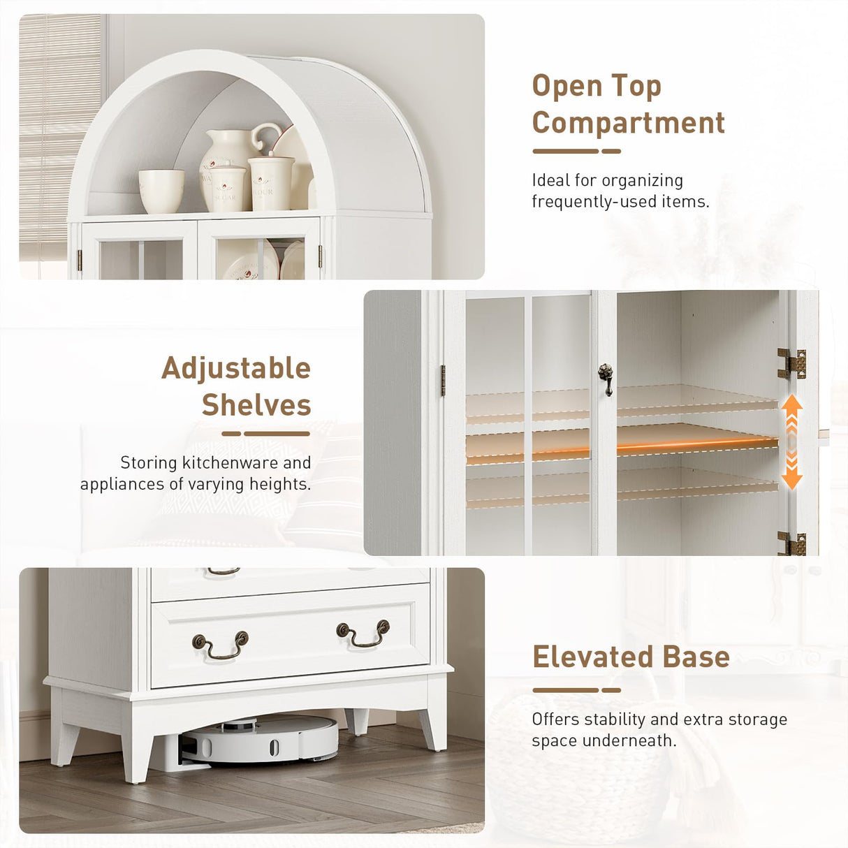 RALGEND 71'' Tall Arched Pantry Cabinet, Farmhouse Kitchen Pantry Cabinet with Glass Doors, Adjustable Shelves and 2 Large Drawers, Versatile Cupboard for Kitchen, Dining Room, White RALGEND