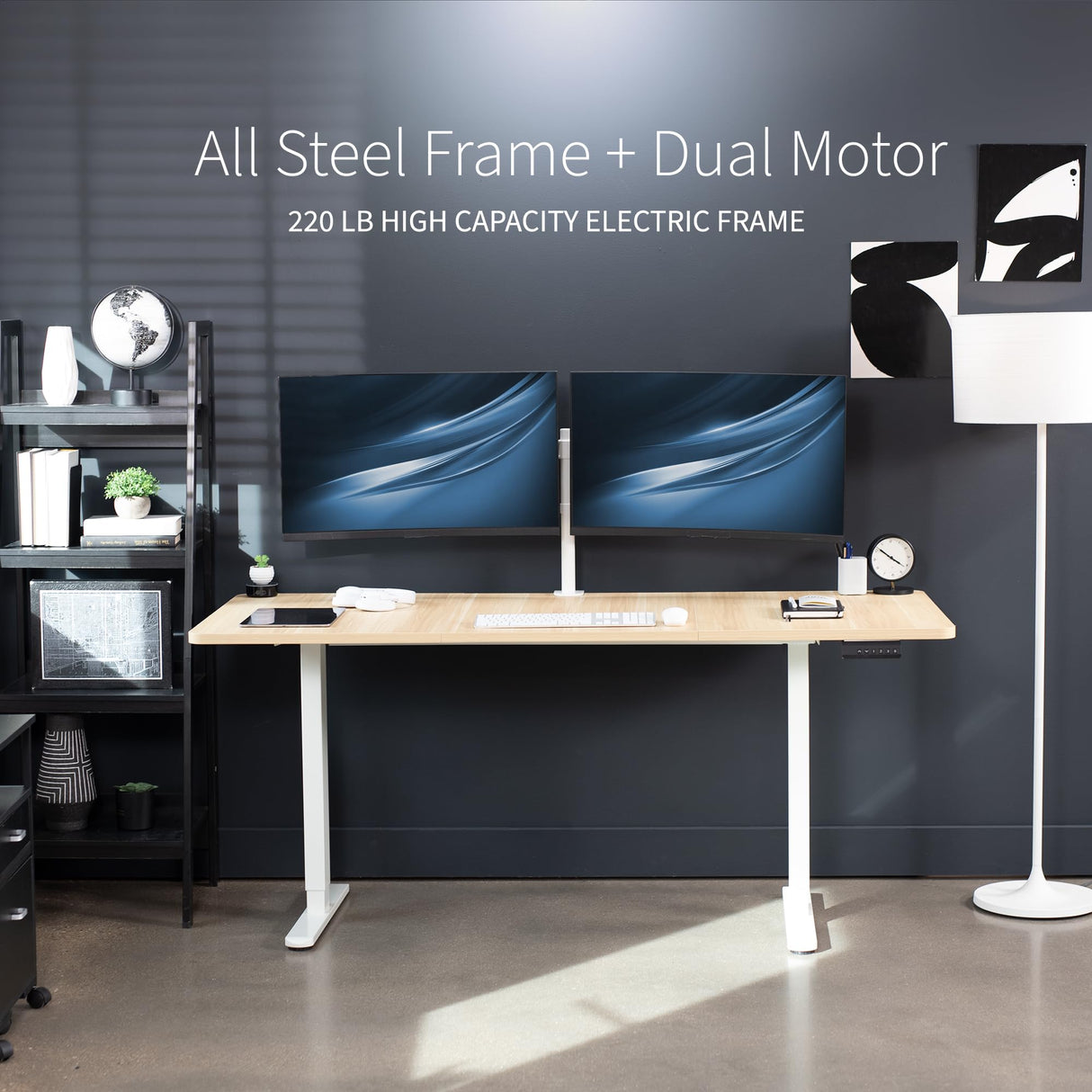 VIVO Electric Height Adjustable 71 x 30 inch Memory Stand Up Desk, Light Wood 30 inch Deep Table Top, White Dual Motor Frame, Preset Controller, E2B Series, DESK-KIT-E2W7C VIVO