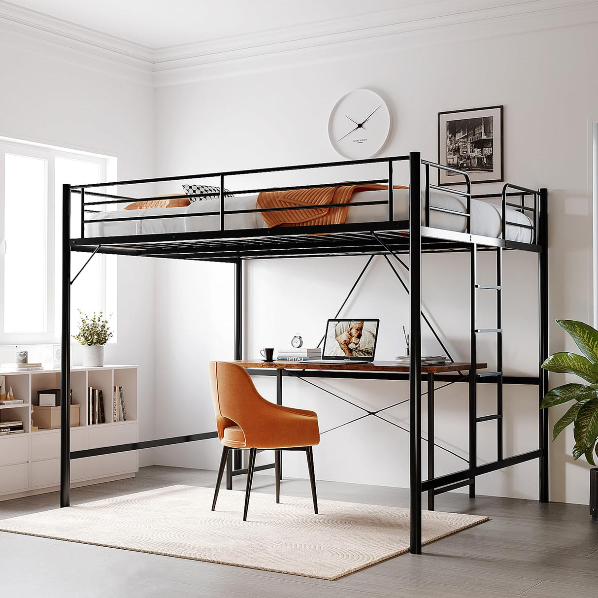 VINGLI Queen Loft Bed with Flat Rungs for Adults, Kids and Young Teens, No Box Spring Required,Heavy Duty Metal Slat Support, Black VINGLI