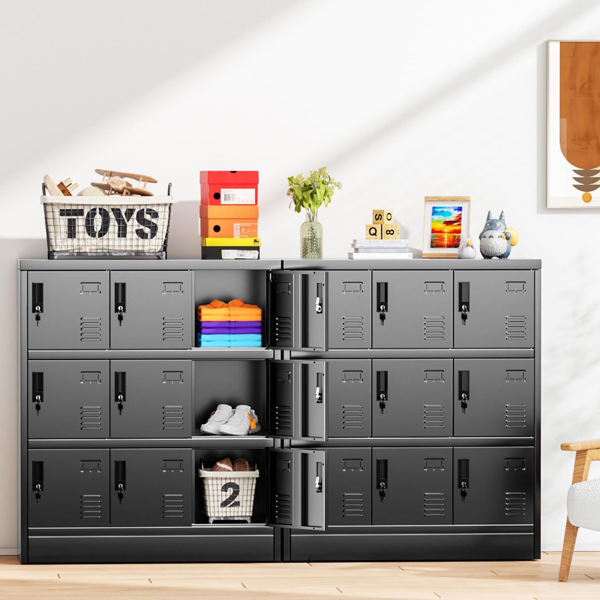 INTERGREAT 9 Door Storage Locker for Employee, Metal Locker for Office, Gym, Shool,Lockable Black Steel Locker with Lock and Card Slot for Home,Garage INTERGREAT