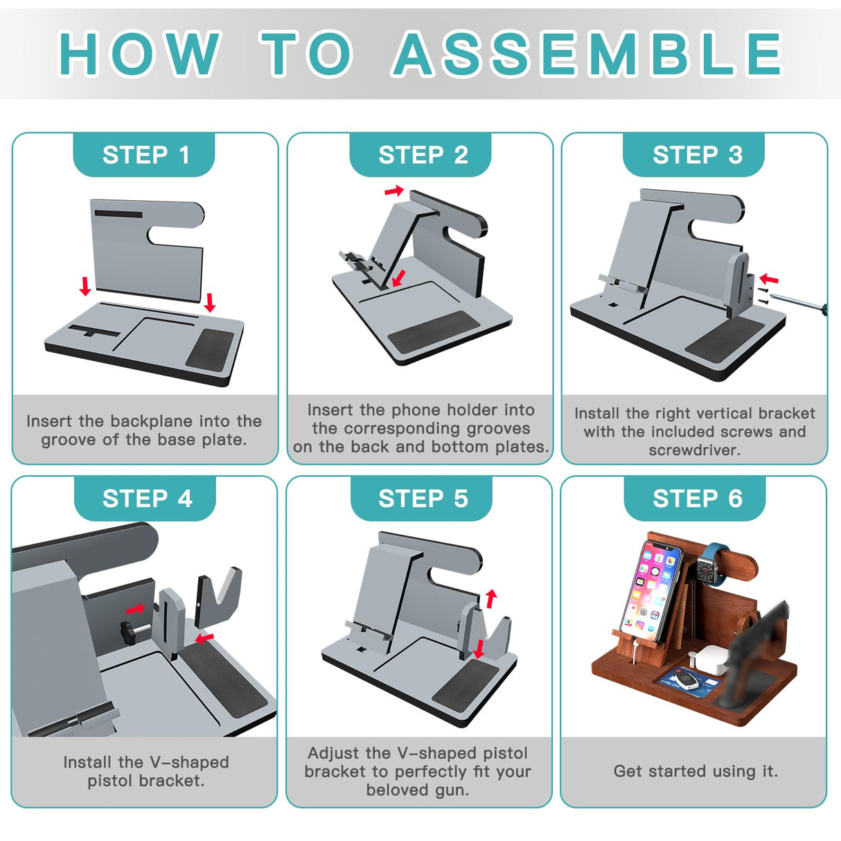 Wood Gun Holder Mens Gift Phone Wallet Docking Station Military Watch Night Stand Key Holder Side Table Charging Station Portable small item storage station DUXCIYHTA