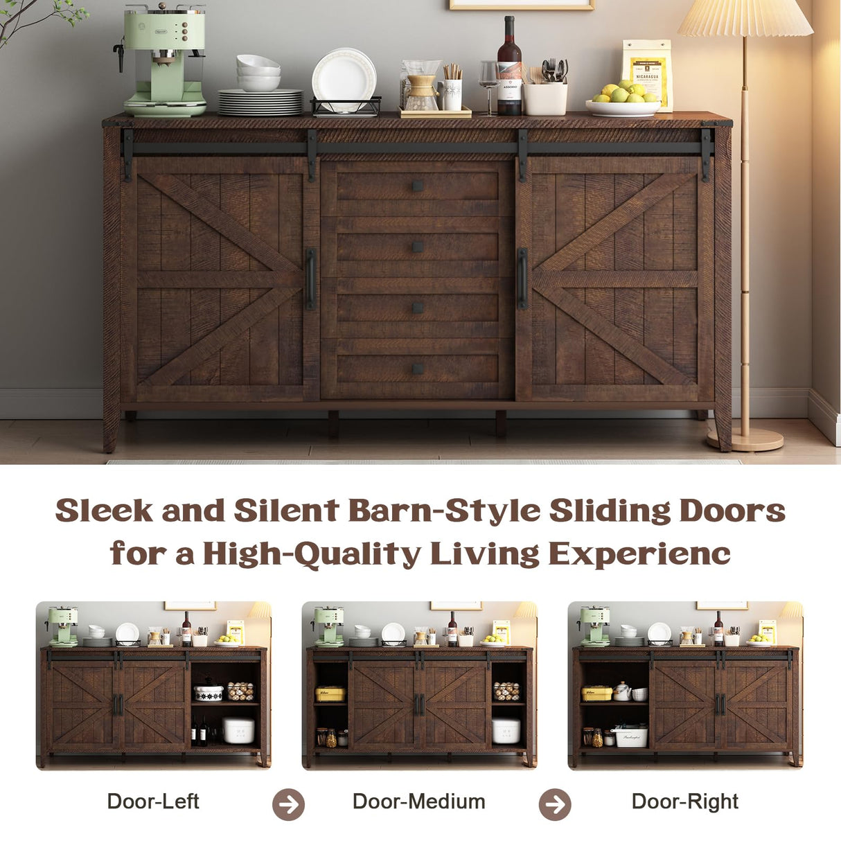 GlouMod Farmhouse 60" Dresser for Bedroom, Long Dresser with Sliding Barn Door, Wide Wood Chest of Drawers, 4 Drawers Dresser Tall TV Stand Buffet Cabinet, Redwood Rustic GlouMod