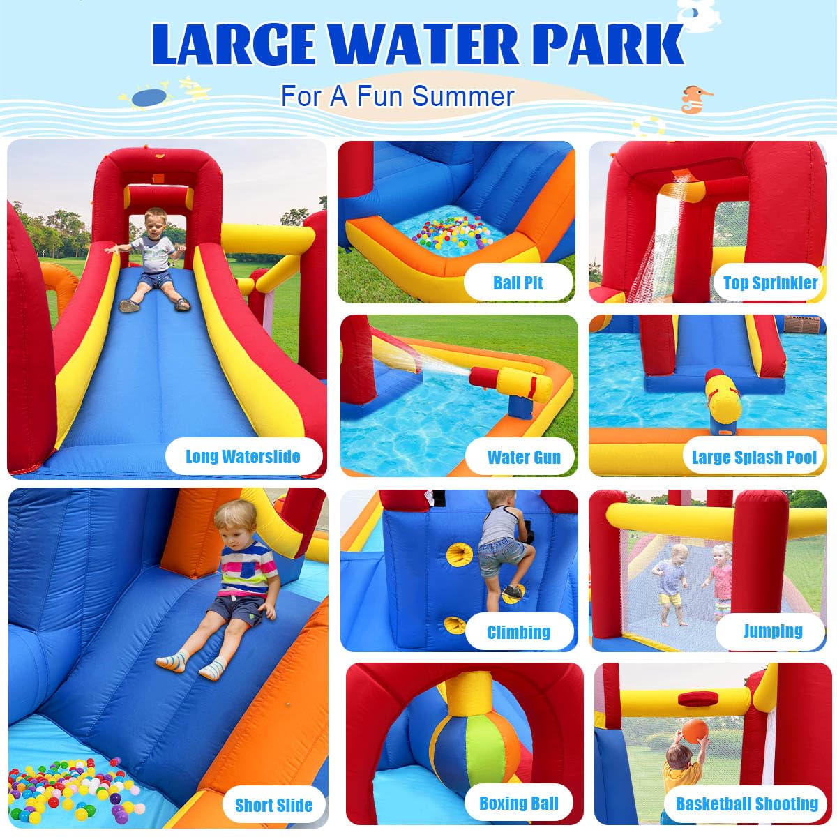 Hongcoral Inflatable Water Slide, 10 in 1 Water Park Bounce House with Blower, Splash Pool, 2 Slides, Water Cannon, Climbing Wall, Blow up Water Slides for Kids Outdoor Backyard Hongcoral
