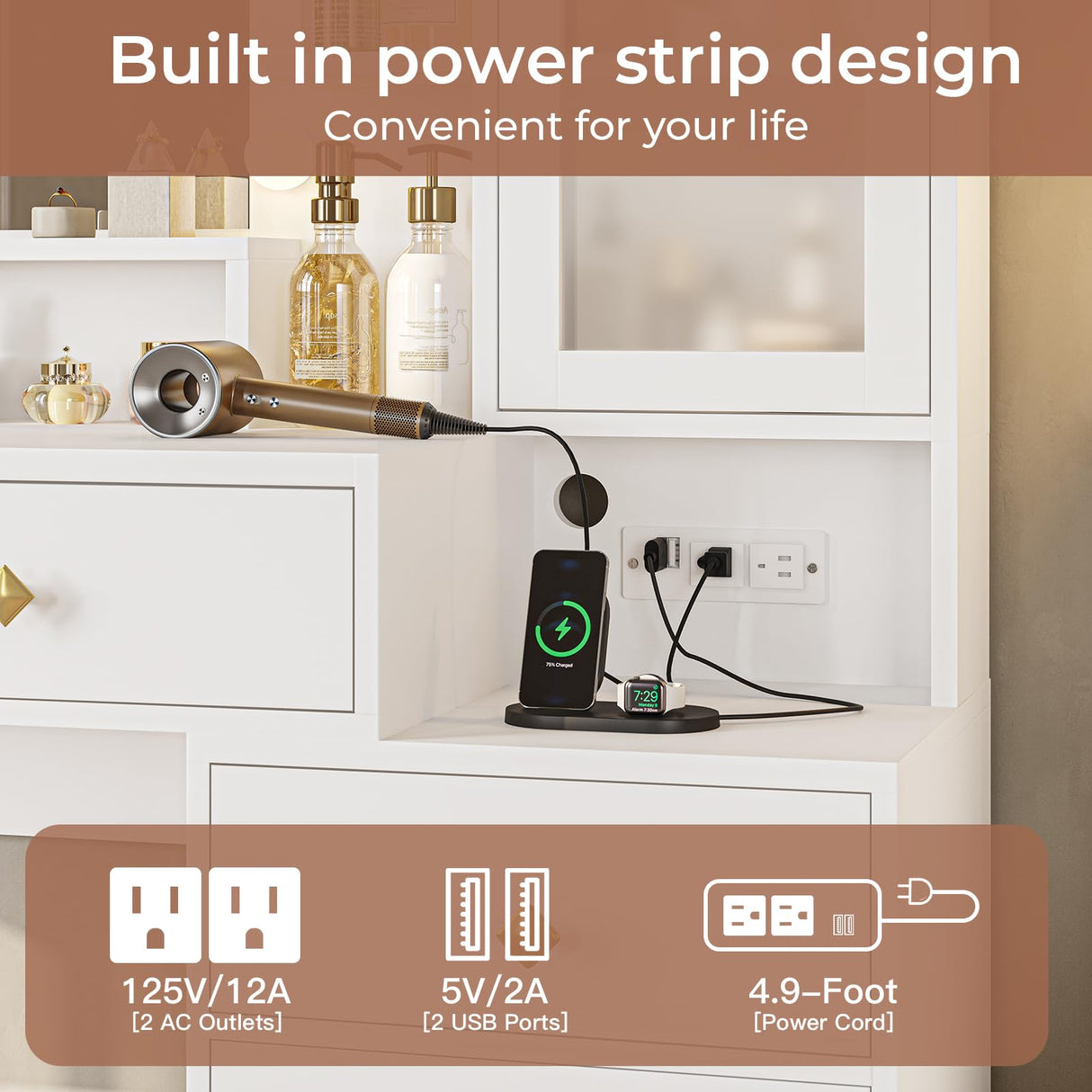 Tiptiper Makeup Vanity Desk with Mirror and Lights & Charging Station, White Vanity Table with 5 Storage Drawer & Glass Door & 3 Shelves for Bedroom, Modern White Tiptiper