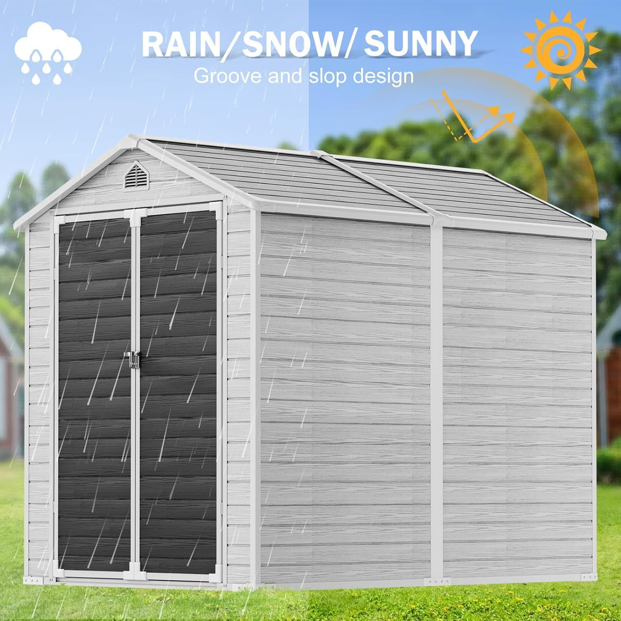 CDCASA 8x6x7 FT Resin Storage Shed, Waterproof Large Outdoor Shed with Floor & Lockable Door & Window & Vents, Plastic Tool Shed for Backyard, Patio, Poolside, Gray CDCASA