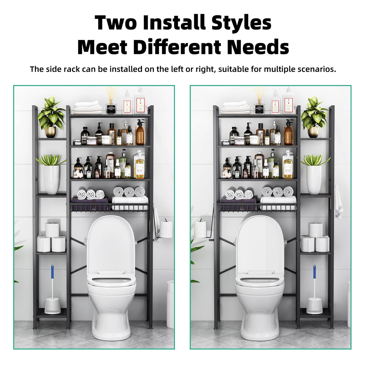 Kalrin Over The Toilet Storage Rack with Extra Side Shelves, 4-Tier Bathroom Over Toilet Storage with Adjustable Shelf & Drain Basket, Freestanding Bathroom Organizer for Balcony, Laundry(Pure Black) Kalrin