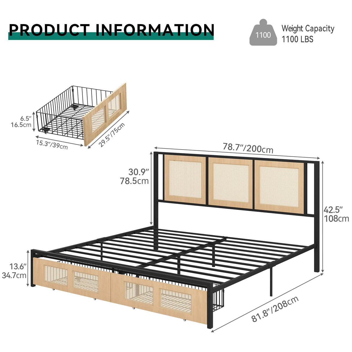 YITAHOME Natural Rattan Bed Frame King Size with Headboard and 2 Storage Drawers Underneath, Boho Cane Bed Platform Bed with Metal Slat, Noise Free, No Box Spring Needed YITAHOME