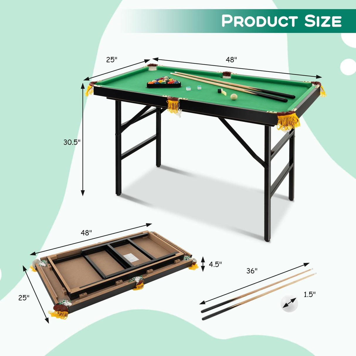 Costzon 47" Folding Billiard Table, Pool Game Table Includes Balls, Cues, Triangle, Chalk, Brush for Kids, Multipurpose Game Table for Parties & Family Gatherings (Black & Green) Costzon