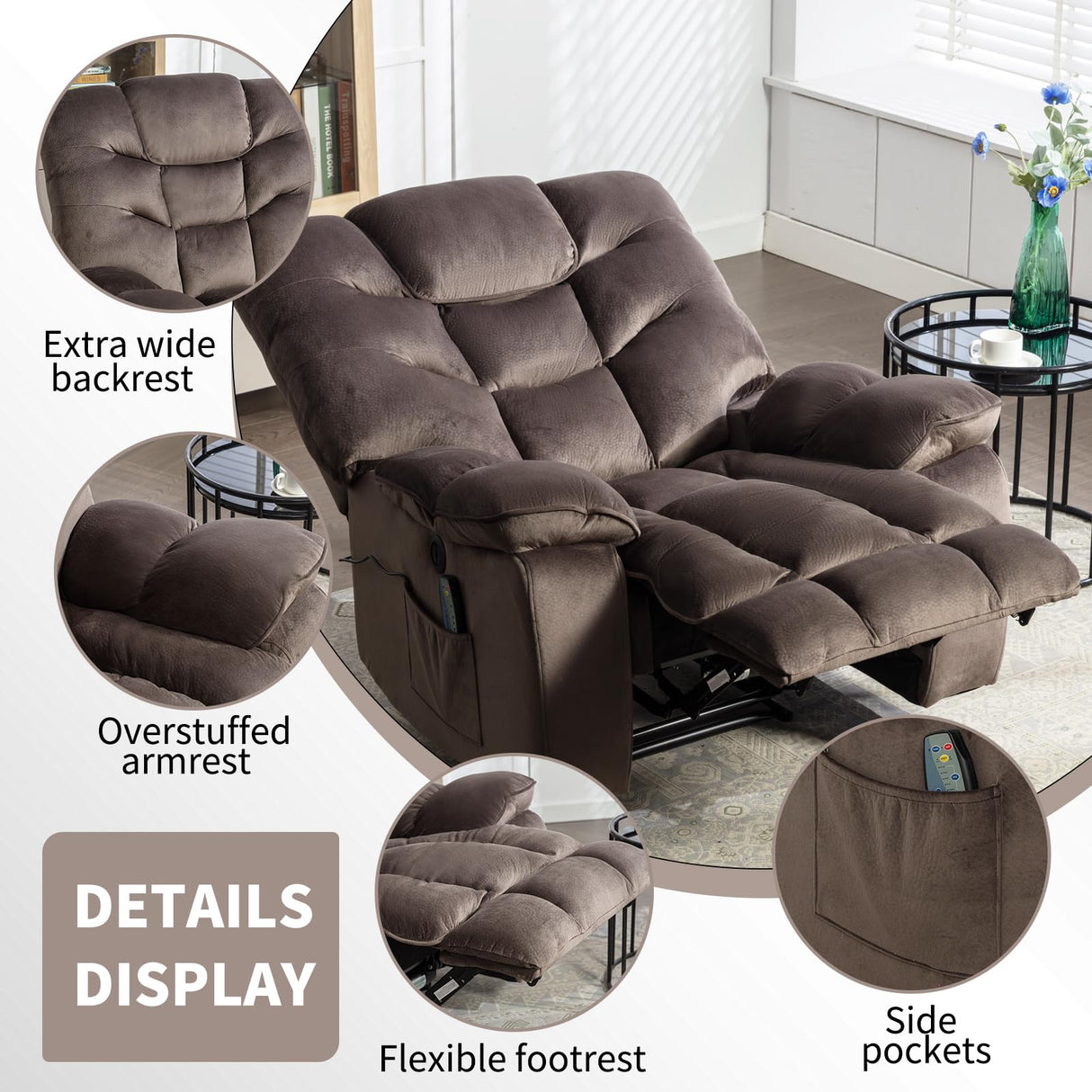 HAOMARKETS Oversized Power Recliner Chair with Massage and Heat Set of 2, 41" Wide Electric Reclining Chairs with USB Port, Breathable Fabric Overstuffed Reclining Sofa for Living Room Bedroom HAOMARKETS