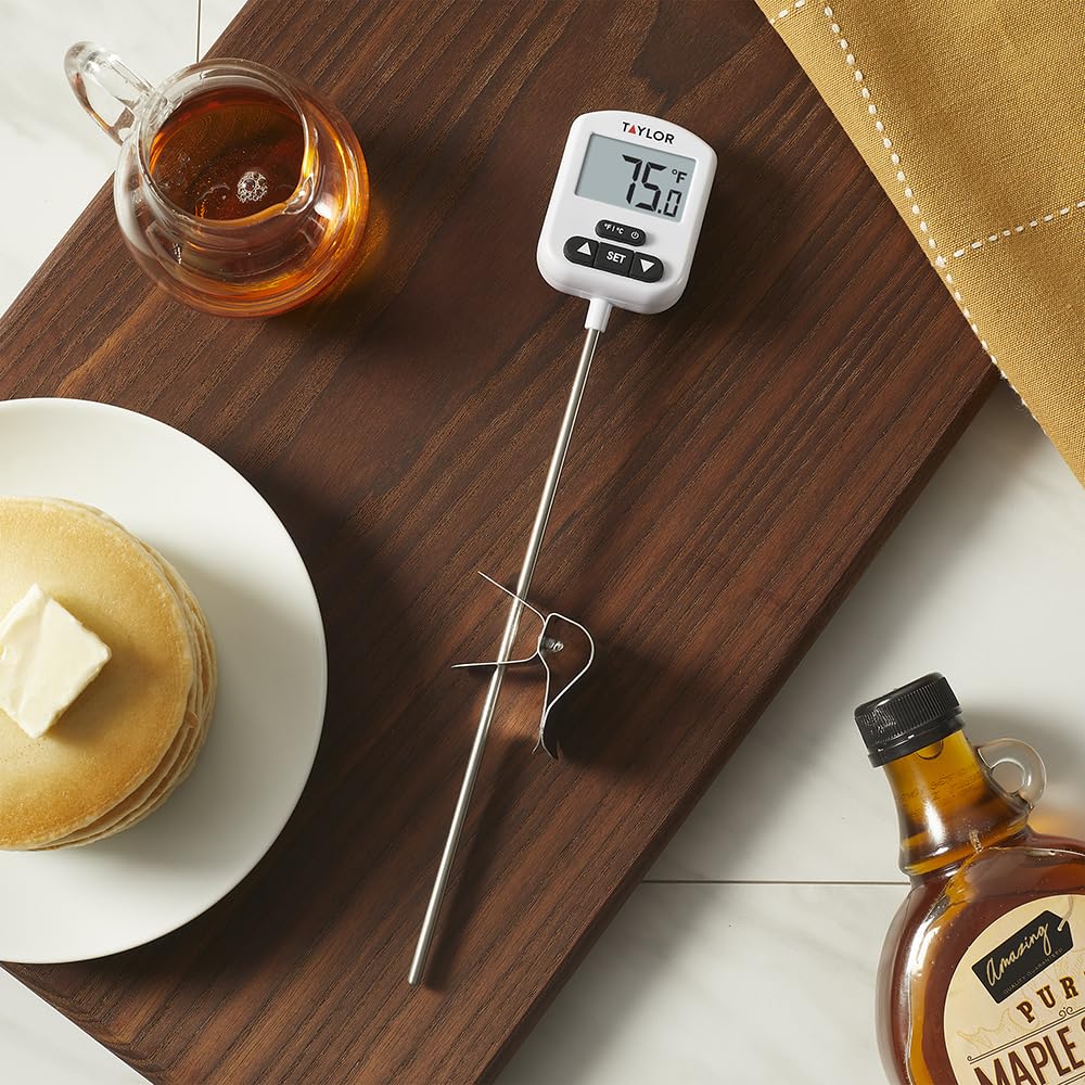 Taylor Programmable Digital Candy and Deep Fry Thermometer with Green Light Alert Display, Long Stem, and Adjustable Pan Clip, White Taylor