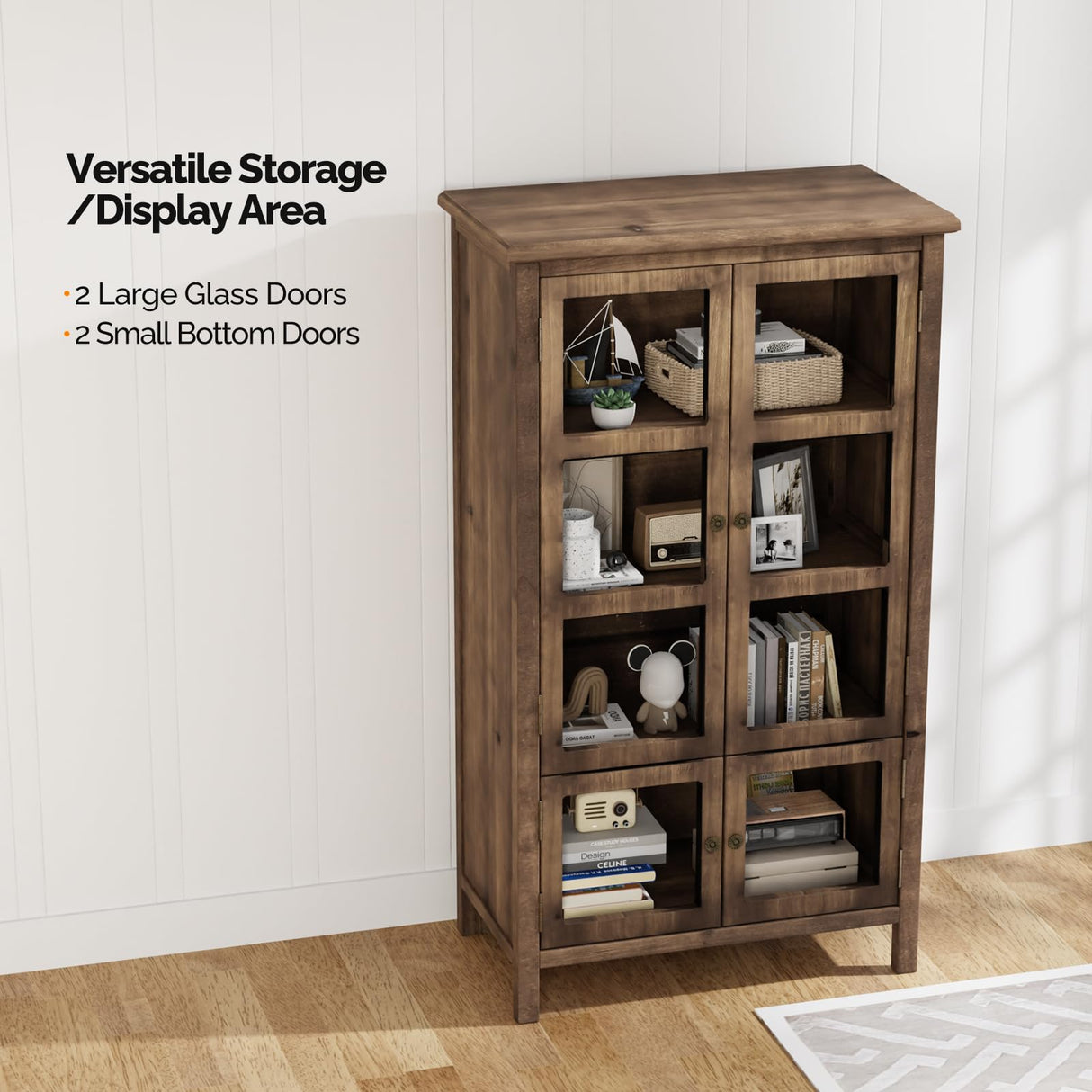 VINGLI Storage Cabinet,Display Cabinet with Glass Doors, Glass Door Cabinet, Rustic Storage Cabinet with Doors and Shelves, Showcase Display Cabinet with Cedar Wood Finish, Walnut VINGLI