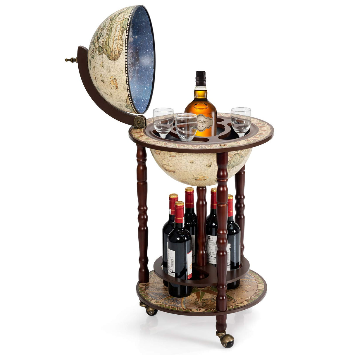 Moccha 17’’ Globe Wood Wine Bar Stand, 16th Century Italian Replica Liquor Bottle Shelf w/Wheels, Wood Wine Cart Cabinet, Globe Wine Organizer for Spirits, Beverages Stemware (Creamy White) LDAILY