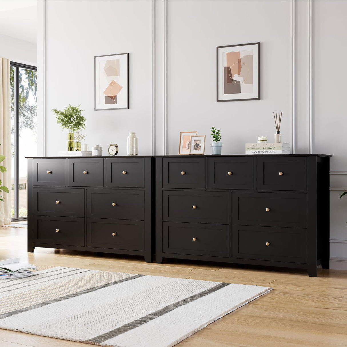 GAOMON 7 Drawers Dresser for Bedroom, 53.9" W Farmhouse Wood Dressers & Chest of Drawers for Clothes, Tall Storage Dressers Organizer with Deep Drawers for Living Room, Closet, Hallway, Black GAOMON