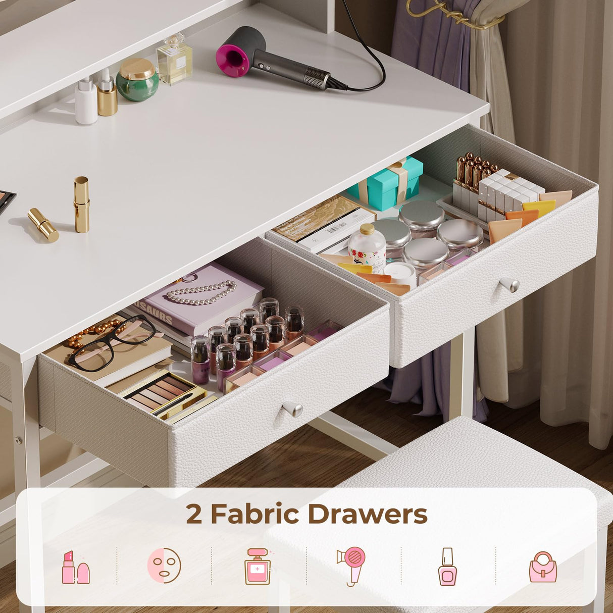 Seventable Vanity Desk without Mirror, Makeup Vanity with Drawers and Charging Station, Small Desk with Storage for Bedroom, Simple Home Office Computer Desk for Small Spaces, White Seventable