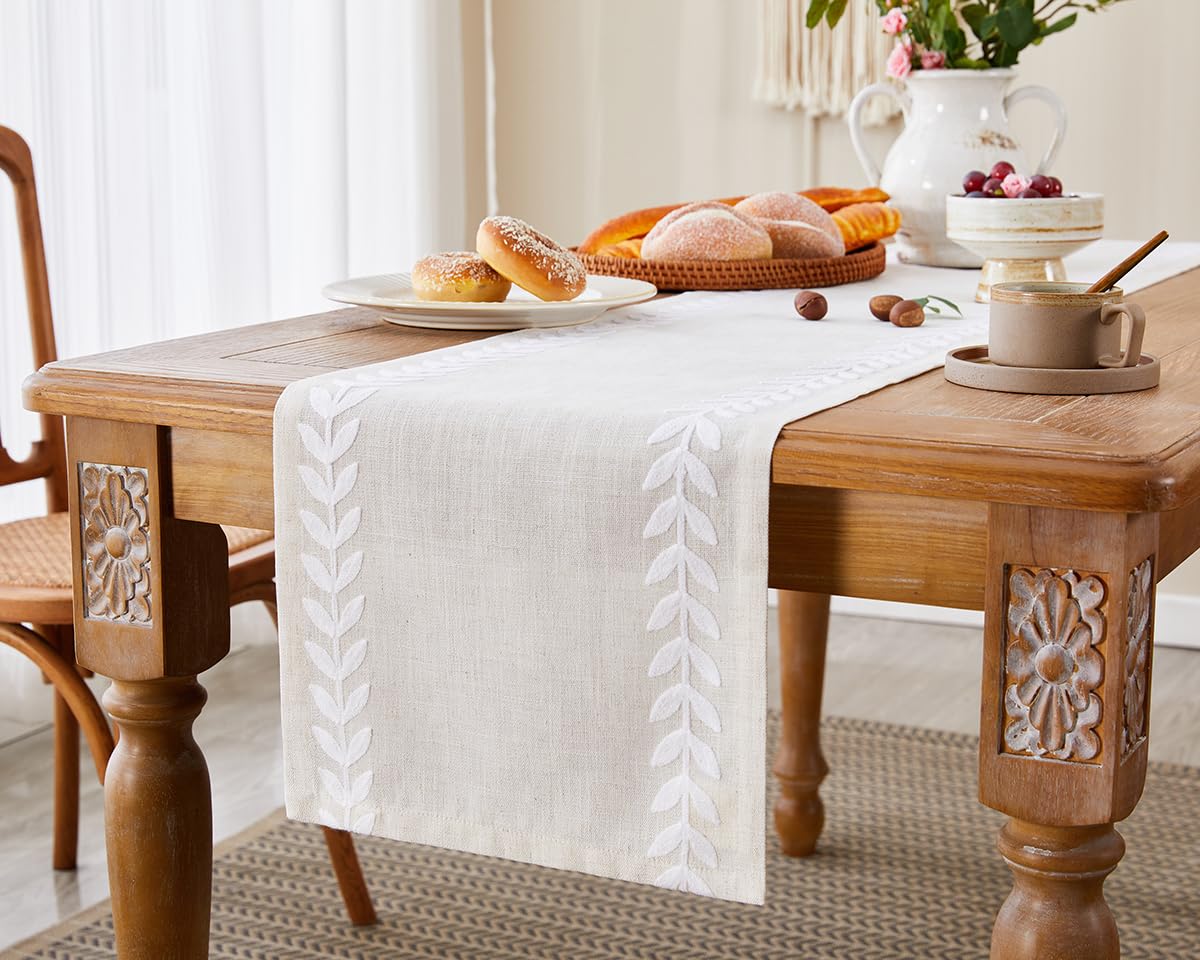 Wracra Embroidered Table Runner Irregular Willow Leaf Table Runners 72 Inches Long For Dresser Home Dining Table Decor,14 x 72 Inch, White Wracra