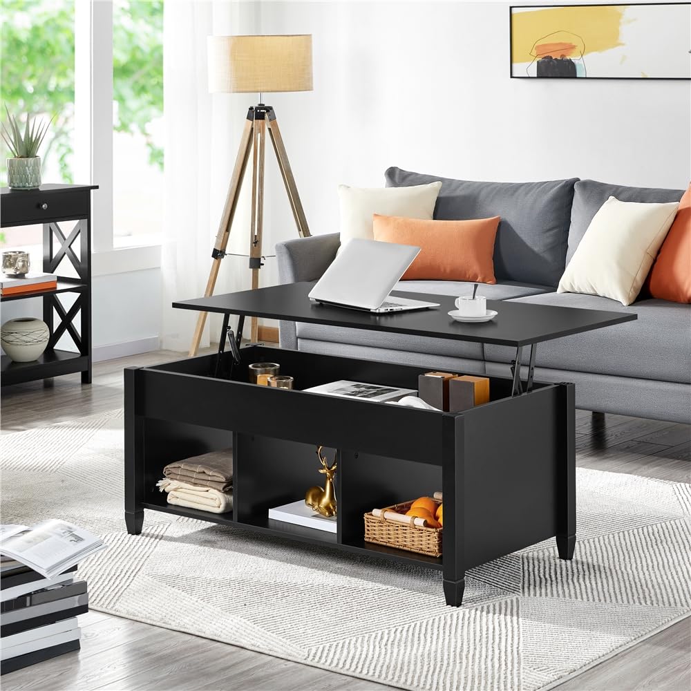 Yaheetech Black Coffee Table, 47.5in Lift Top Coffee Table, Lift Up Center Table w/Hidden Compartment & 3 Cube Open Shelves for Living Room Yaheetech