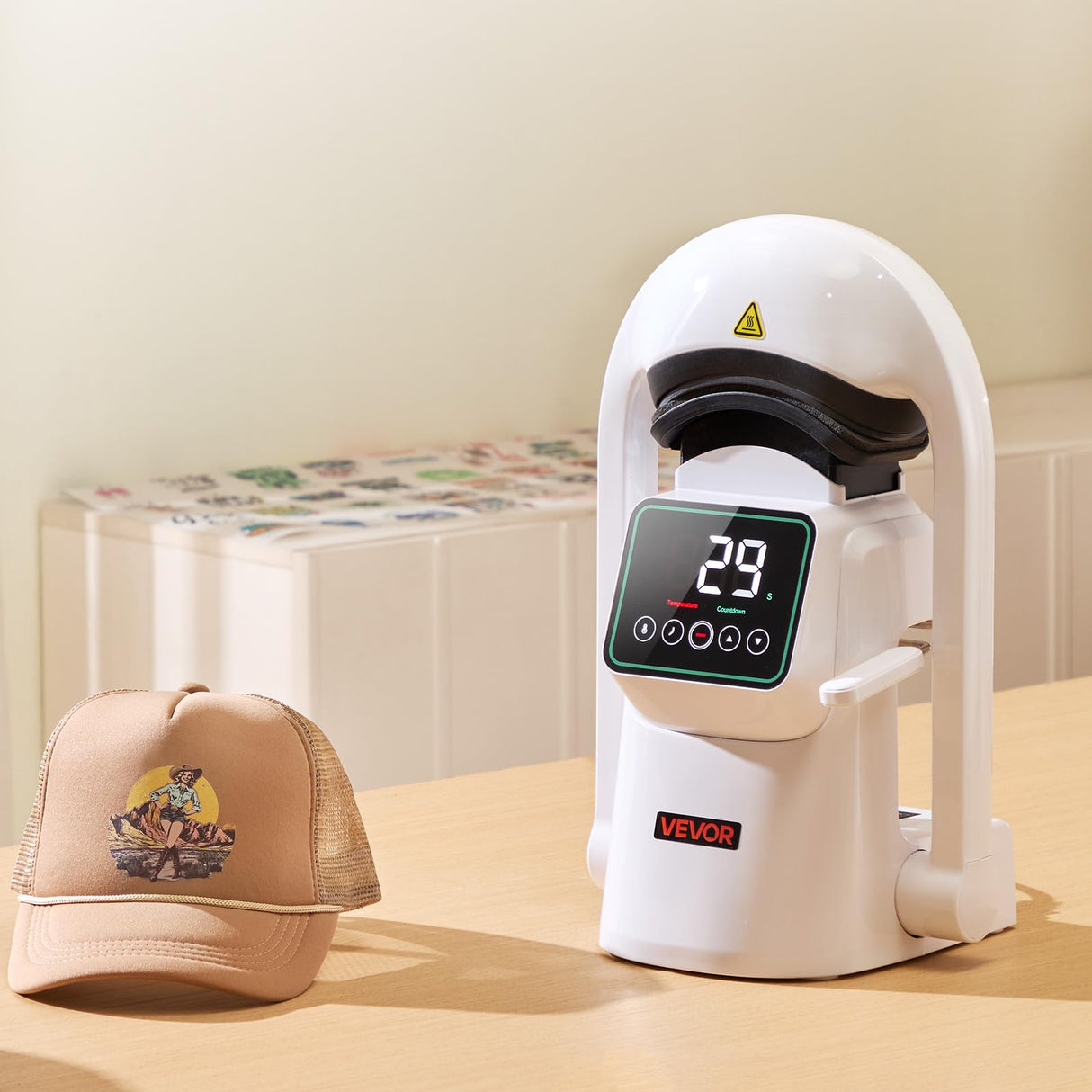 VEVOR Auto Hat Heat Press Machine, with 2pcs Interchangeable Platens, Automatic Open and Release, Touchscreen for Precise Time and Temperature Control, Heat Transfer Printing for Caps, Hats, White VEVOR