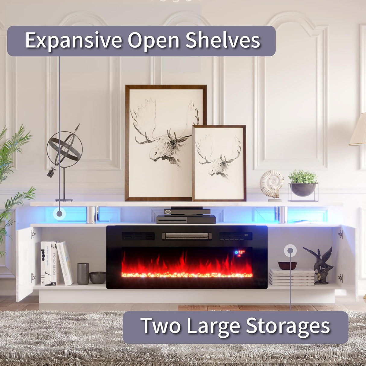 AMERLIFE Fireplace TV Stand with 36" Fireplace, 70" Modern High Gloss Fireplace Entertainment Center LED Lights, 2 Tier TV Console Cabinet for TVs Up to 80", Ivory White AMERLIFE