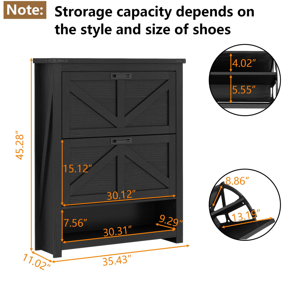 Loomie Farmhouse Shoe Cabinet,Free Standing Tipping Bucket Shoe Rack Organizer with 2 Flip Drawers,Entryway Narrow Shoe Storage with Storage Cubby,Modern Slim Hidden Shoe Cabinet with Doors, Black Loomie