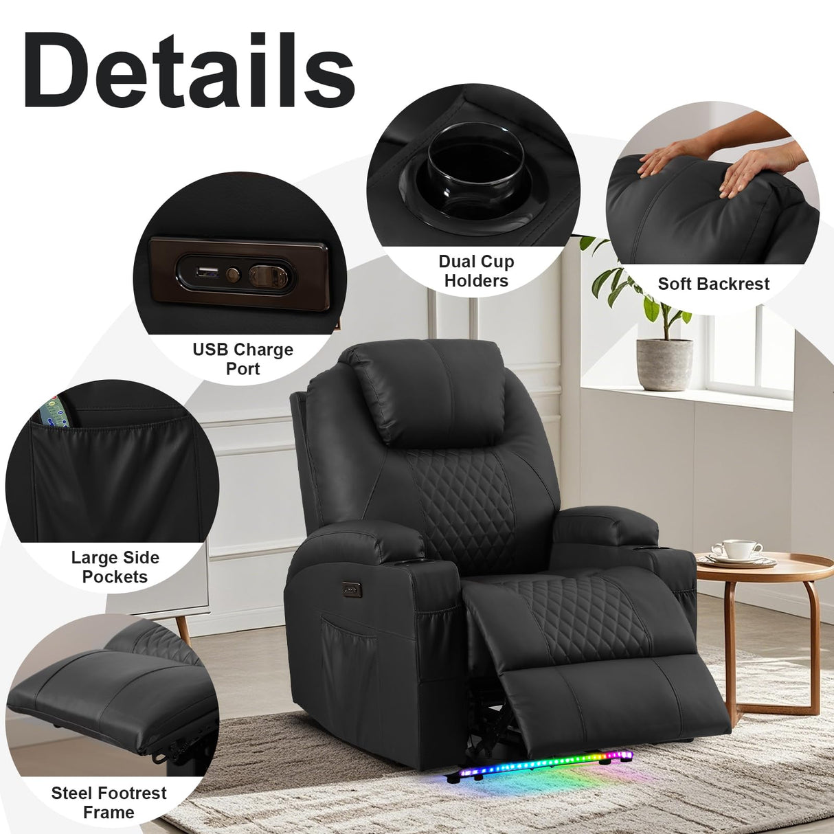 AHMED Power Recliner Chair with Vibration Massage & Heat for Adults, Faux Leather Home Theater Seating with Cup Holders/LED Lights/USB Ports/Side Pockets for Living Room, Black AHMED