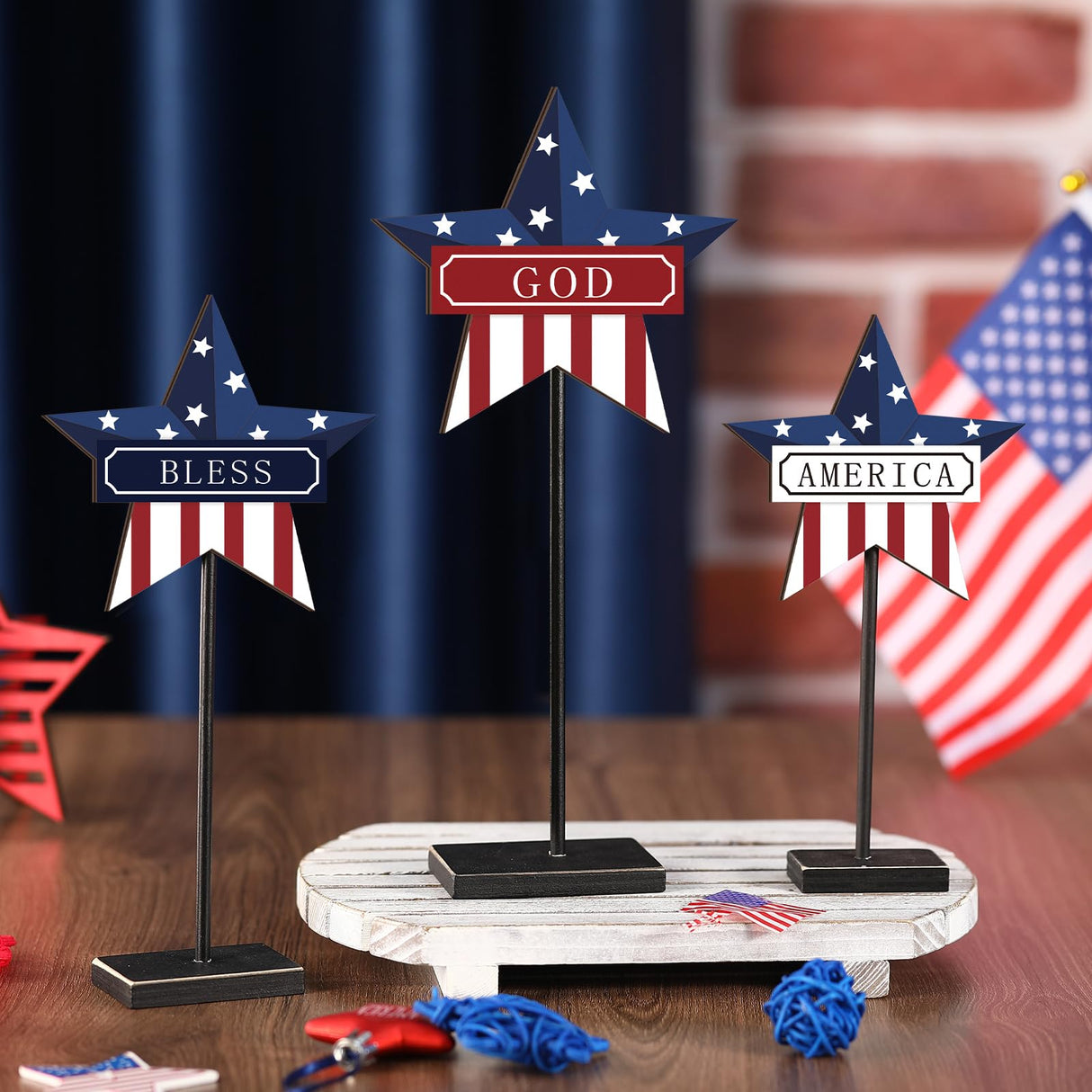 DoubleFill 3 Pieces Patriotic Decorations Memorial Day Wooden Star Tabletop Decor 4th of July Red White and Blue Star Sign for Independence Day Tiered Tray Table Home Decor DoubleFill