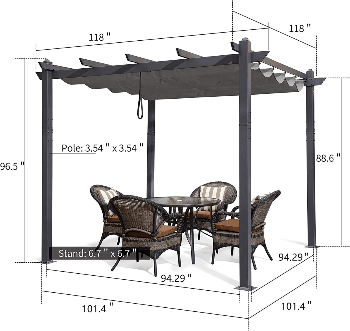 PURPLE LEAF 10' X 10' Outdoor Retractable Pergola with Sun Shade Canopy Patio Metal Shelter for Porch Beach Garden Pavilion Grill Gazebo Modern Yard Grape Trellis Gray Pergola with String Lights PURPLE LEAF