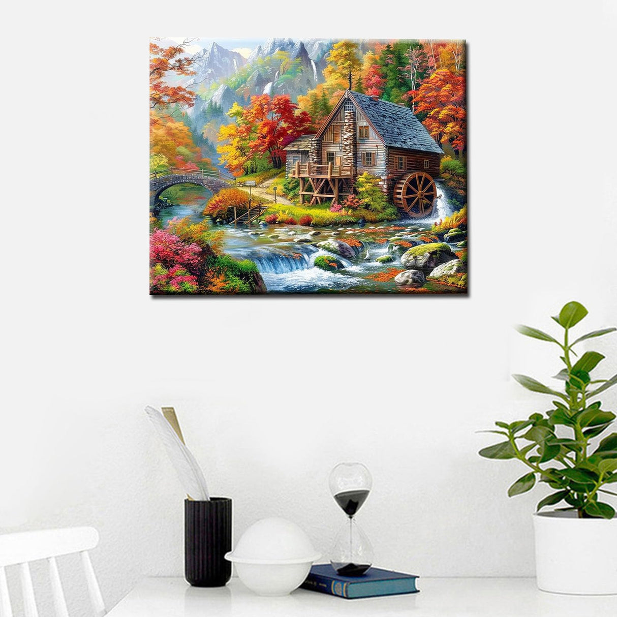 Log Cabin in Autumn Paint by Numbers Mountain River Landscape Paint by Numbers Kits for Adult,Still Life Pictures Painting Art Gift Perfect for Gift Home Wall Decor Without Framed 16''W x 20''H Aihonmin