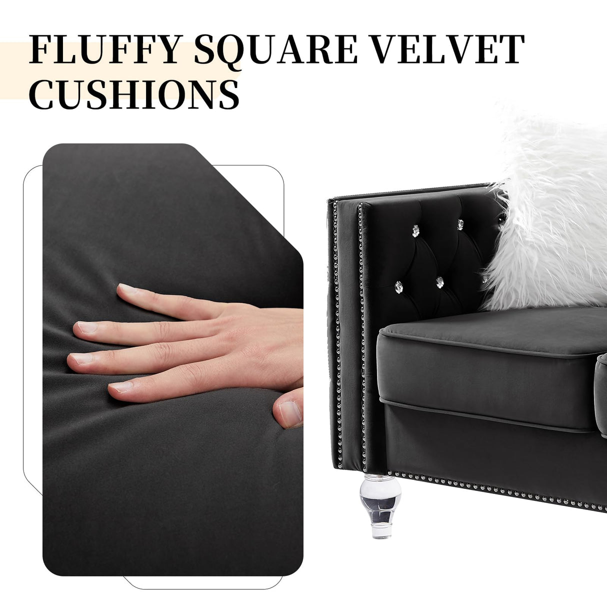 Homies Life 83" Chesterfield Sofa, Velvet Mid-Century Modern Upholstered Couch with 2 Throw Pillows and Acrylic Legs, Nailhead Button Tufted Vintage Sofa for Living Room, Apartment, Office, Black Homies Life