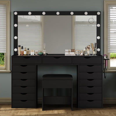 Yanosaku 15 Drawers Vanity Desk with Power Outlet, Makeup Table with Mirror and 13 LED Lights, 3 Color Lighting Modes, Brightness Adjustable, Glass Top Dressing Table, Vanity Set for Bedroom (Black)