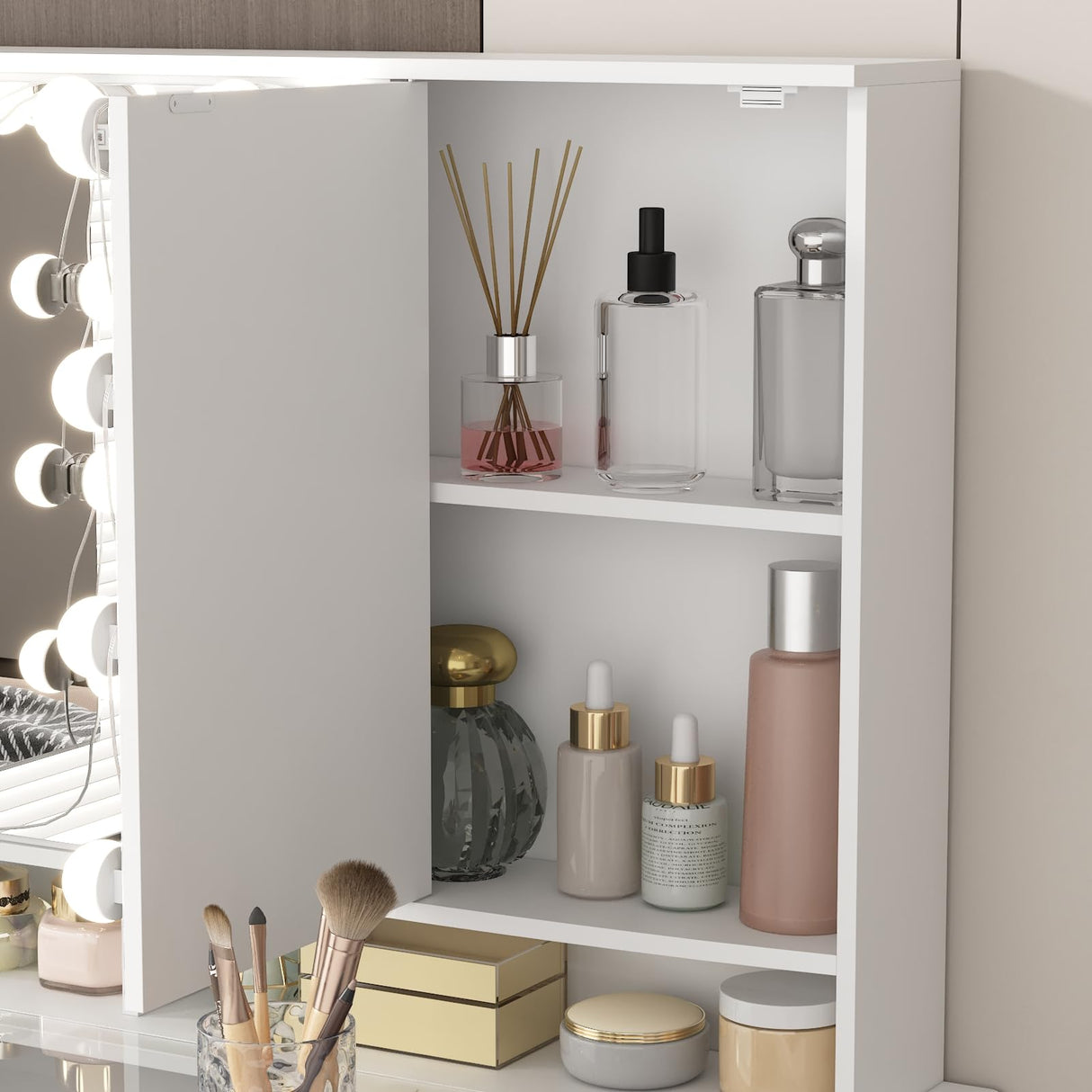 FUFU&GAGA Vanity Desk with Mirror and Bulb Lights, Large Makeup Vanity with Glass Top, Modern Dressing Table with 9 Drawers & Hidden Shelves for Bedroom, White, 43.3”W x 19.7”D x 53.6”H FUFU&GAGA