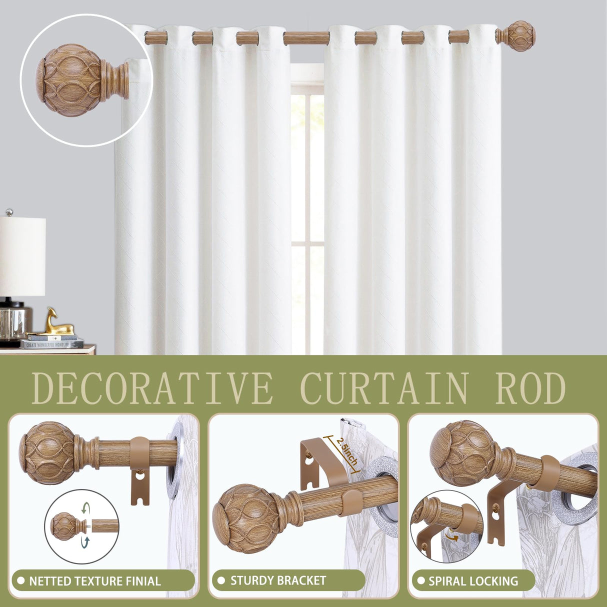 TANGWIN Wood Curtain Rods for Windows 48 to 84 Inch(4-7ft),1 Inch Adjustable Curtain Rod,Heavy Duty Curtain Rods,Wooden Netted Texture Finials Drapery Rods,Single Window Curtain Rod 36-88",Brown Wood TANGWIN