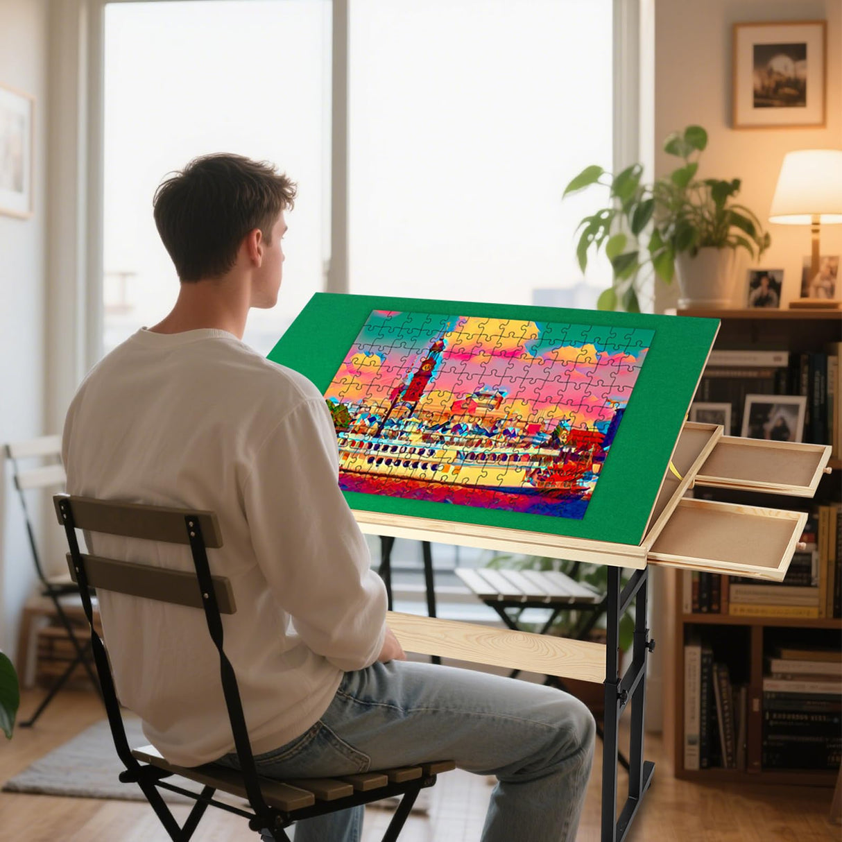 Dollate 1500 Piece Jigsaw Puzzle Table with Legs,35"x27"Adjustable Puzzle Tables for Adults, 3-Tilting-Angle Portable Wooden Jigsaw Puzzle Board Portable with 4 Drawers Dollate