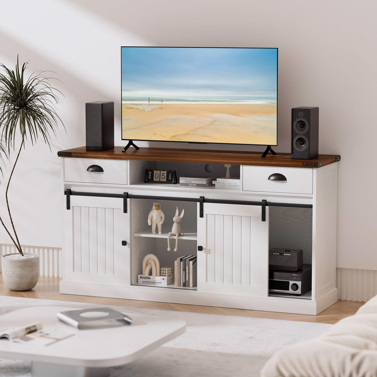 AntsandAnts Farmhouse TV Stand with Sliding Barn Doors & 2 Drawers - Entertainment Center for 65 inch TV, Rustic TV Console with Storage, Living Room TV Cabinet for 65" Television, White AntsandAnts