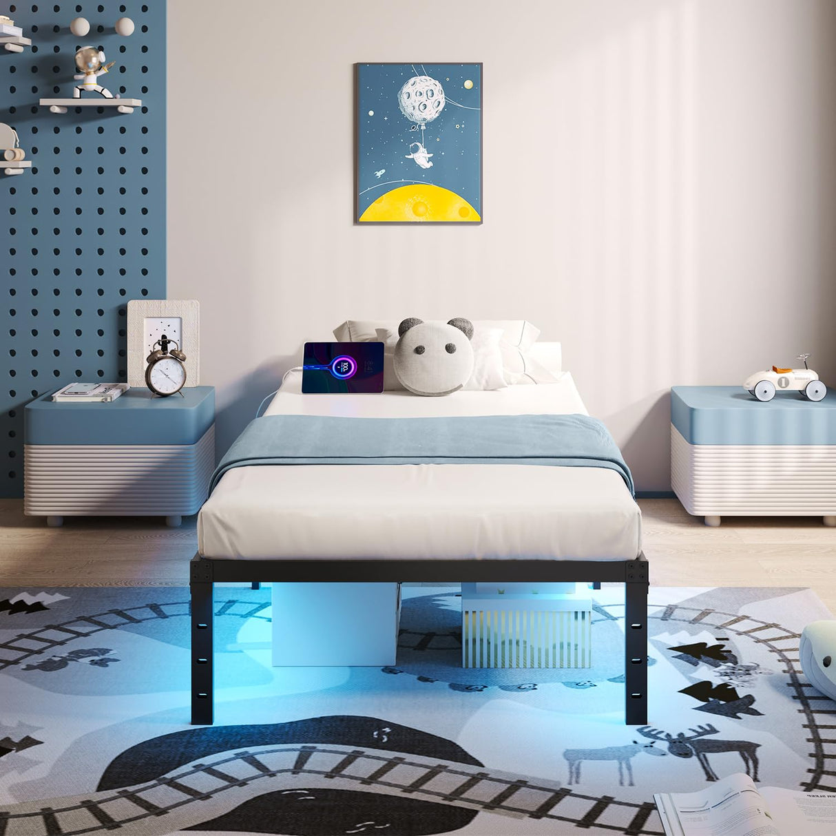HAVONIZD Twin Bed Frame with LED Lights & Charging Station - 14 Inch Heavy Duty Metal Platform Bed Frame No Box Spring Needed, Easy Assembly, No Noise HAVONIZD
