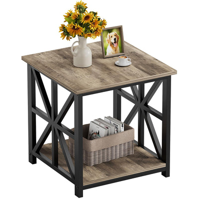 GreenForest End Table with 2-Tier Storage Shelf, 24 inch Side Table for Living Room,Modern Nightstand for Bedroom Bedside Office Farmhouse, Grey Wash