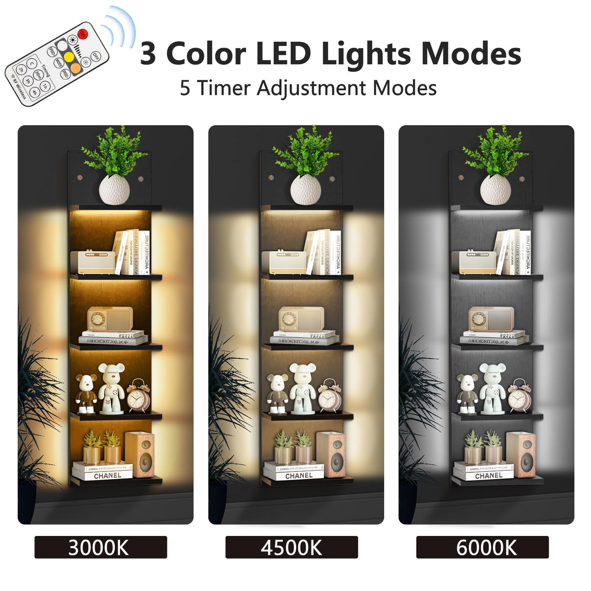 5 Tier White Floating Shelves with Light LED Wall Mount Vertical Lack Shelf with LED Wall Decor Shelves for Bedroom Living Rooms Bathroom Book Gaming Shelves Black BEARUT