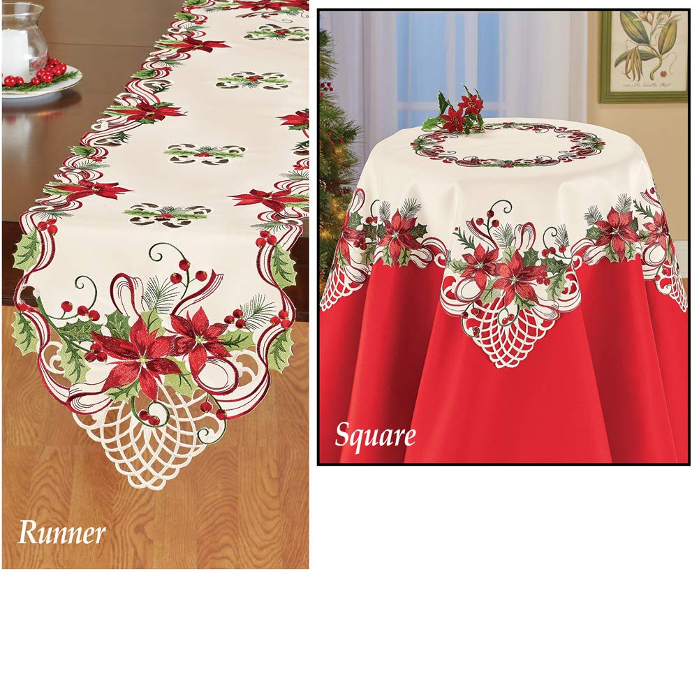 Pretty Poinsettia & Berries Christmas Table Linens, Square Collections Etc