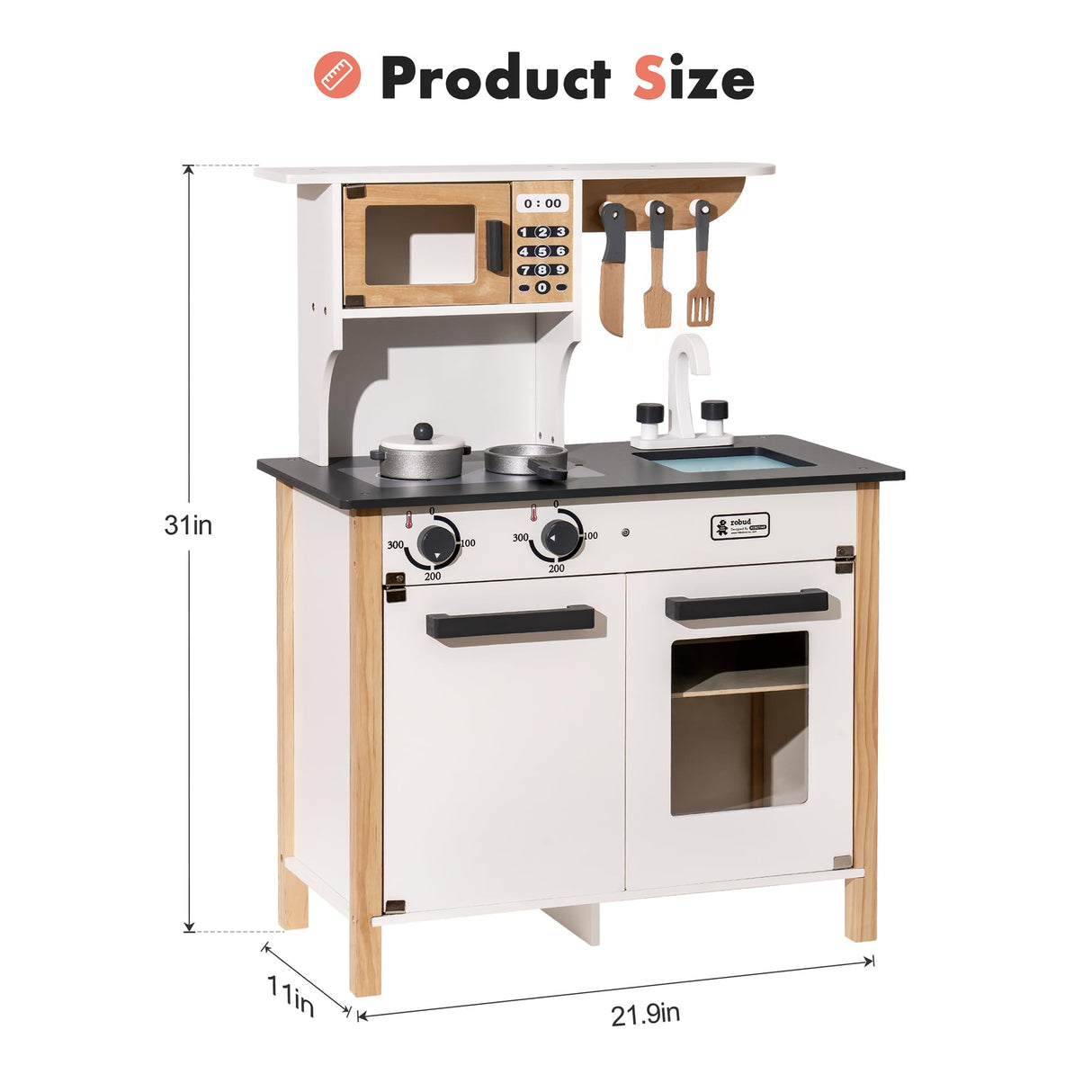 ROBUD Wooden Play Kitchen, Kids Kitchen Playset with Realistic Design, Toy Kitchen Gift for Boys and Girls, Age 3+ ROBUD