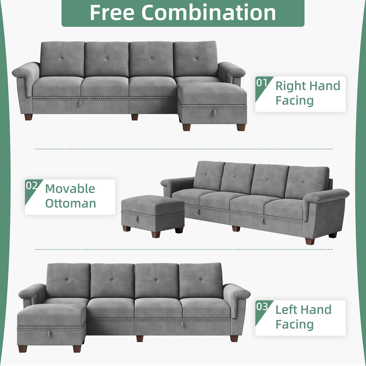 Shintenchi Sectional Couch, Convertible L Shaped Couch with Storage, Modular Sectional Sofa with Storage Ottoman for Living Room, Apartment, Office, Light Grey Shintenchi