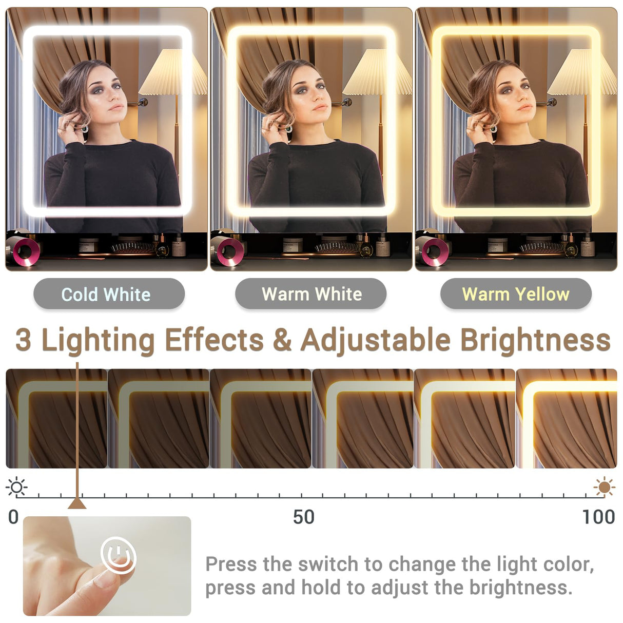 BTHFST Corner Vanity Desk with Lighted Mirror, Makeup Vanity with Lights and Charging Station, Vanity Set with Mirror and Storage Stool, Makeup Table with Drawers, Rotating Shelves, Black BTHFST