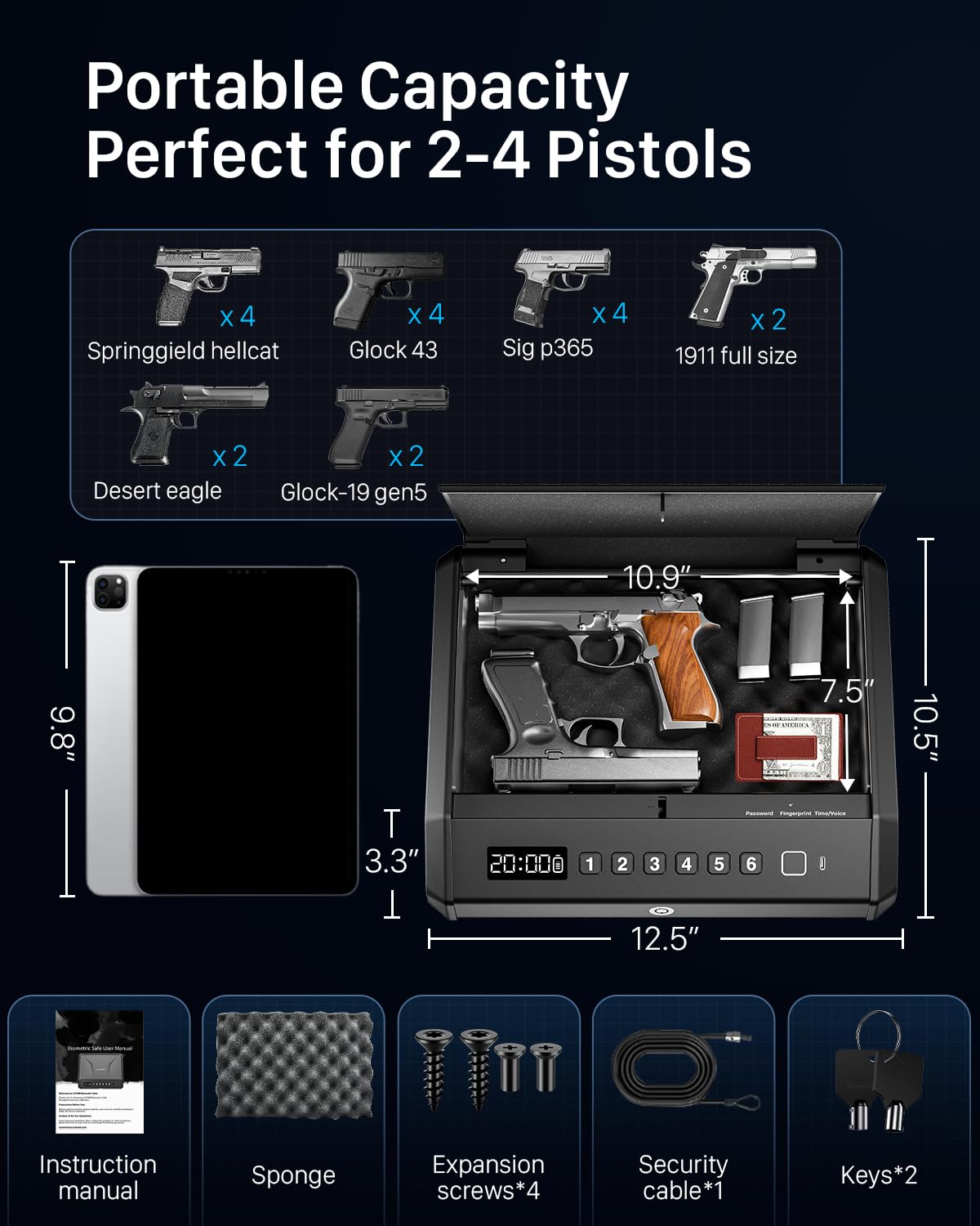 TOPMEDA Large Biometric Gun Safe fits 4 Pistols, 100 Sets of Fingerprint Handgun Safe with Internal Light & Silent Mode, Gun Lock Box for Home Bedroom Bedside Nightstand and Car TOPMEDA