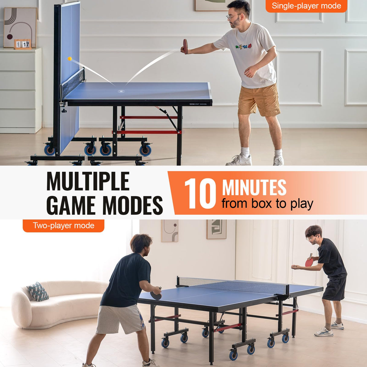 VEVOR Ping Pong Table, Professional Table Tennis Game, Indoor MDF Portable Table Tennis Table, Foldable Ping Pong Table with Quick Clamp Net and Lockable Wheel, 10 Minute Easy Assembly, 25mm Tabletops VEVOR