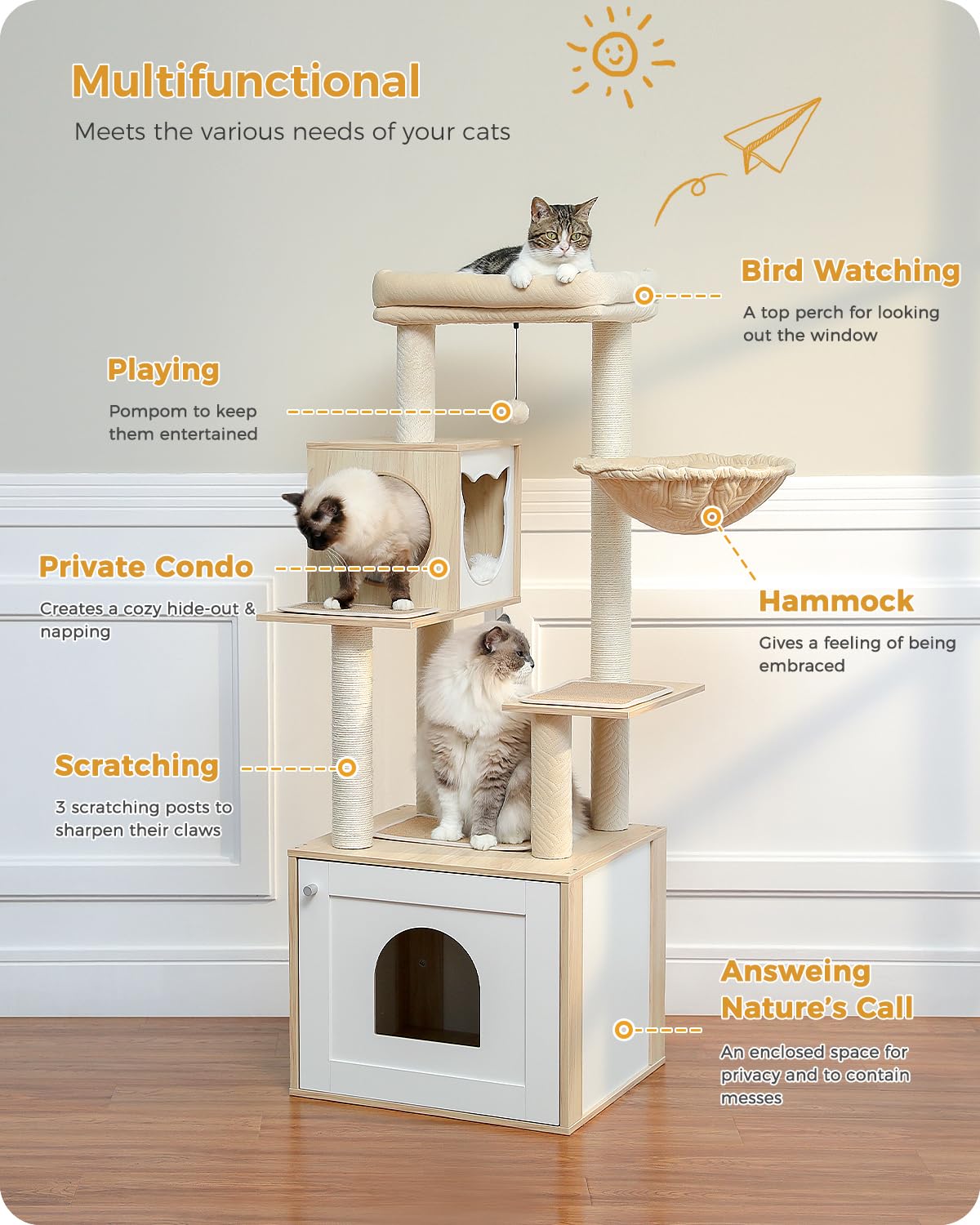PETEPELA 56.7" Cat Tree with Litter Box Enclosure Large, Wood Cat Tower for Indoor Cats with Storage Cabinet and Cozy Cat Condo, Sisal Covered Scratching Post and Repalcable Dangling Balls, Beige PETEPELA
