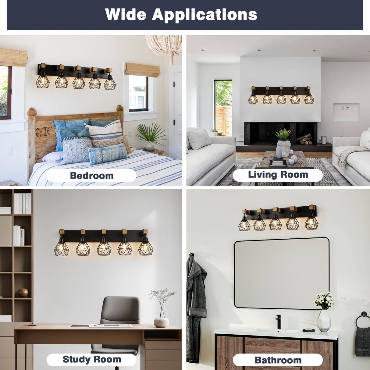 Farmhouse Bathroom Vanity Light Fixtures, 5-Light Wood Bathroom Light Fixtures Over Mirror, Rustic Sconces Wall Lighting with Elegant Metal Lampshade for Living Room, Bedroom, Hallway… maesta