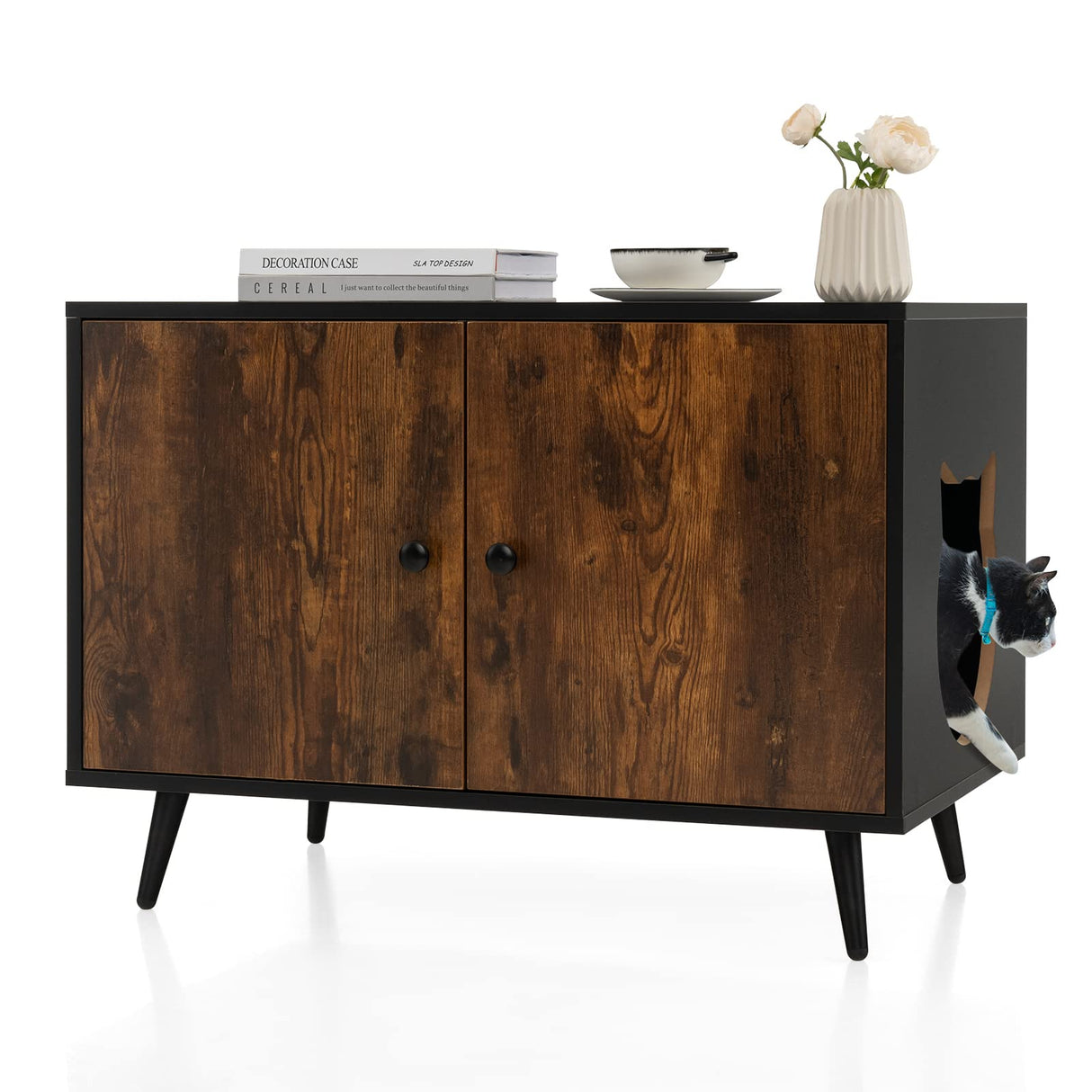 PETSITE Cat Litter Box Enclosure, Wooden Enclosed Litter Box with Divider, Stackable Hidden Litter Box Furniture End Table PETSITE